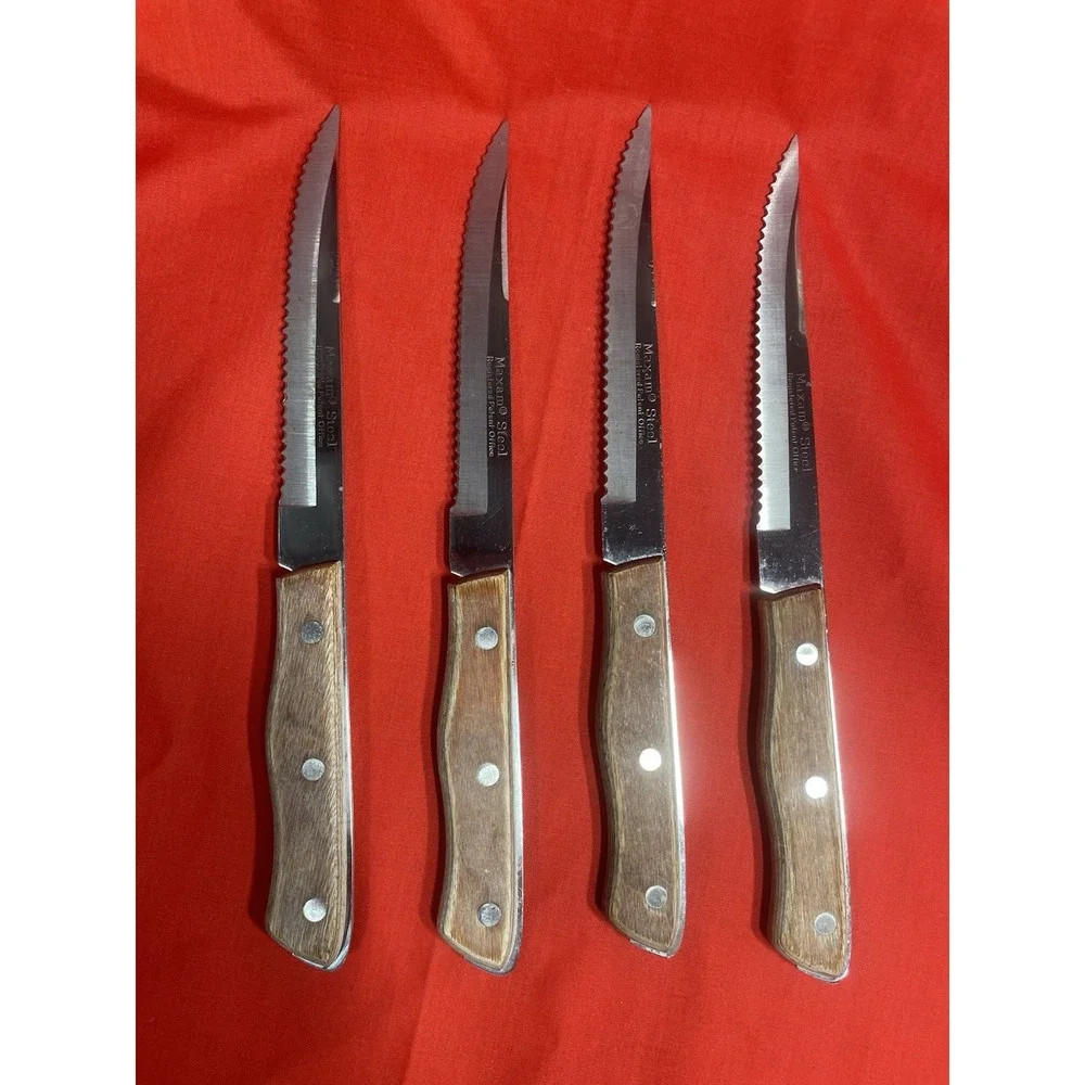 Vintage Maxam Steel Serrated Steak Knives Set of 4 Wood Handles Stainless